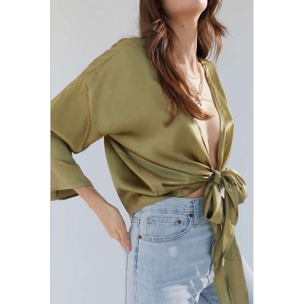 Urban Outfitters Olive Green Satin Tie Front V-Neck Blouse 3/4 Sleeve Medium